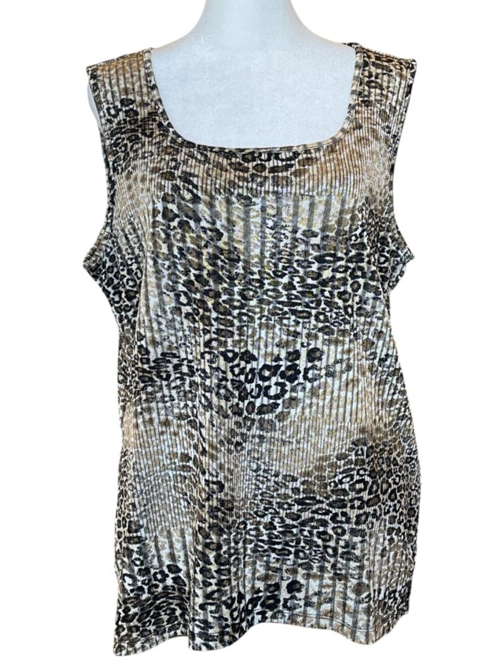 Leopard Animal Print Brown Ribbed Scoop Neck Sleeveless Shell Blouse Tank Top